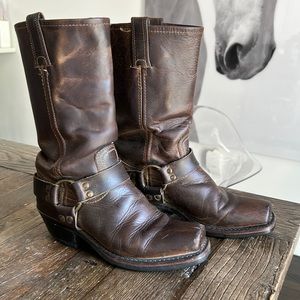 Frye women’s harness biker boots, smoke brown, size 7